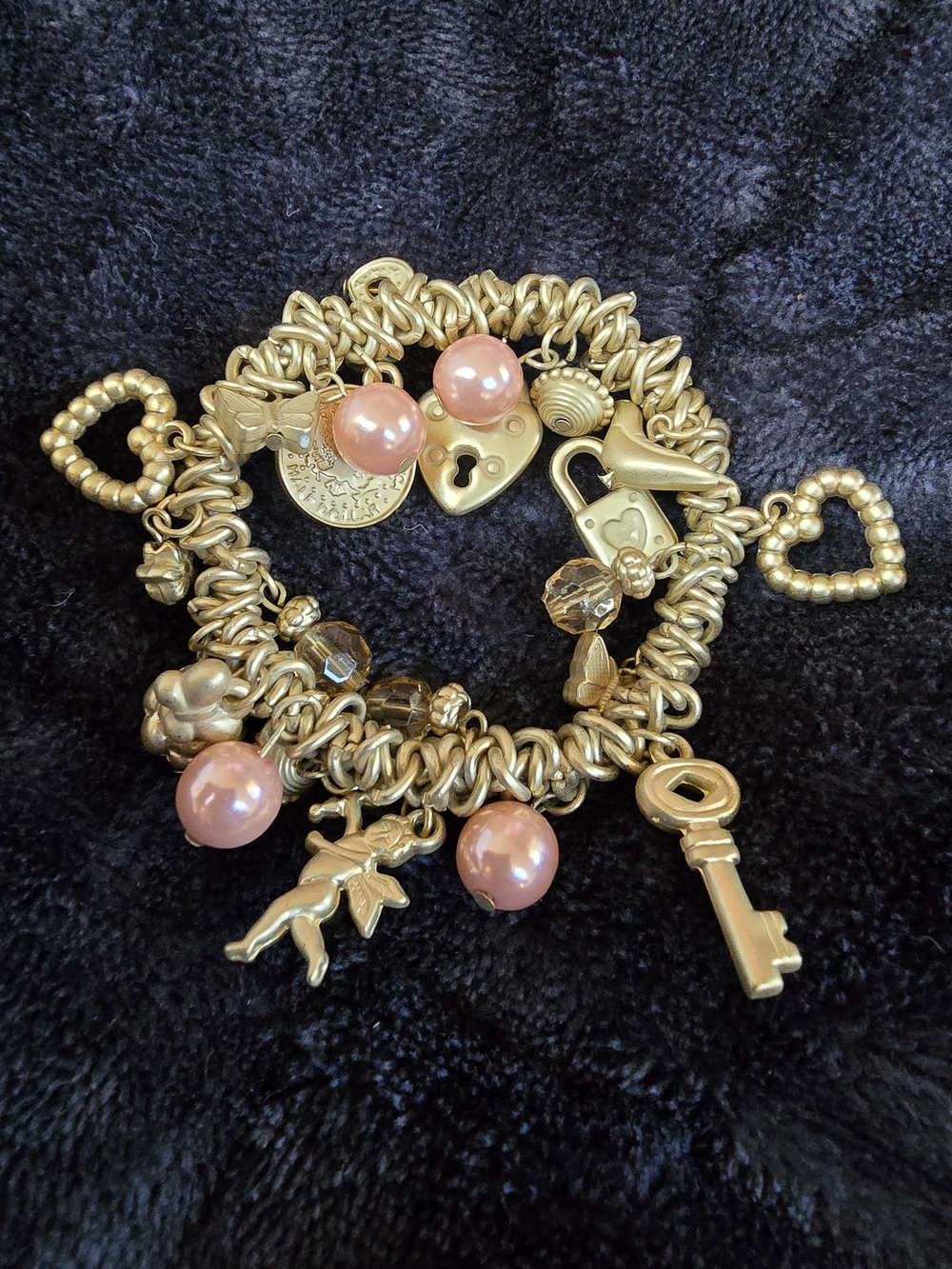 Gold-Tone Charm Bracelet with Pink Pearl Beads